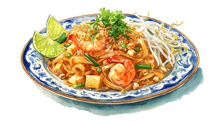 Authentic Pad Thai with Shrimp and Peanuts - Watercolor Food Illustration