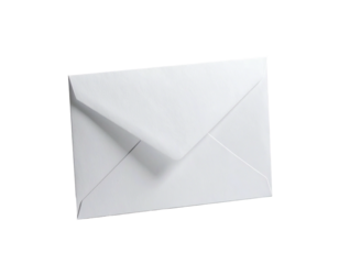 A blank white paper envelope, angled, showing the flap folded over