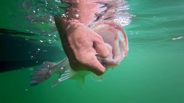 Underwater release of a largemouth bass