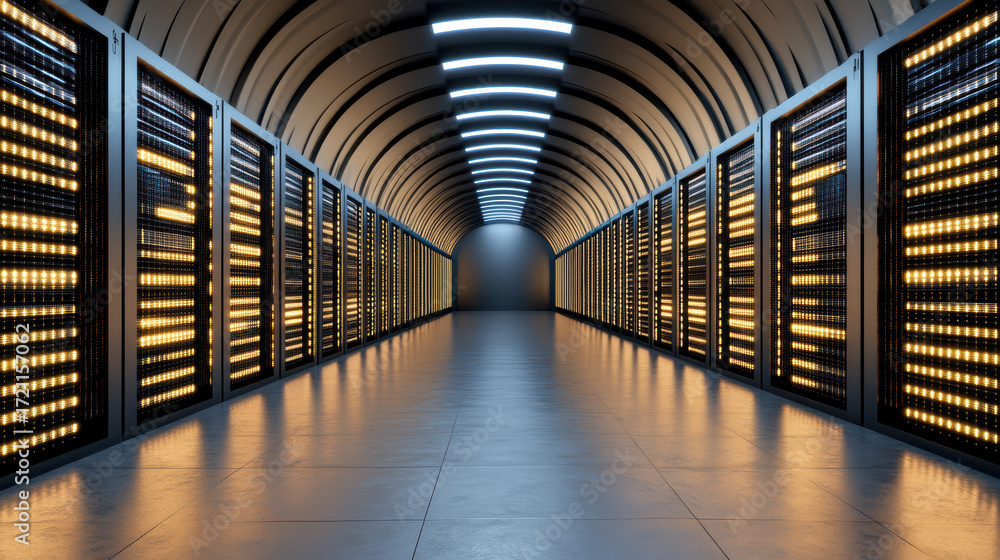 Poster futuristic data center with illuminated server racks and sleek corridor creates high tech
