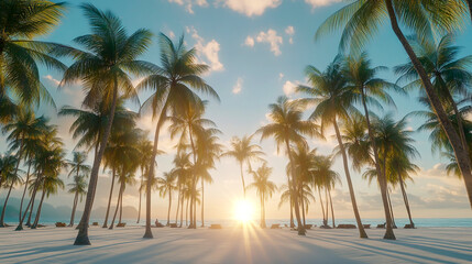 Fototapeta premium Tropical paradise with palm trees and a serene beach at sunset, creating a tranquil and picturesque scene for relaxation and escape