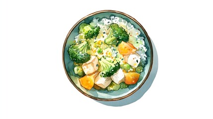 Healthy Tofu Buddha Bowl with Broccoli and Rice - Watercolor Top View