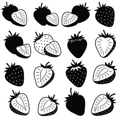 Collection of hand drawn strawberry icons and silhouettes fresh fruit art for design silhouette