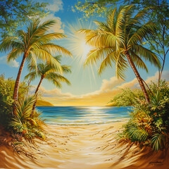 A serene beach scene with palm trees swaying gently in the breeze, sun shining brightly over the ocean, creating a tranquil and inviting atmosphere