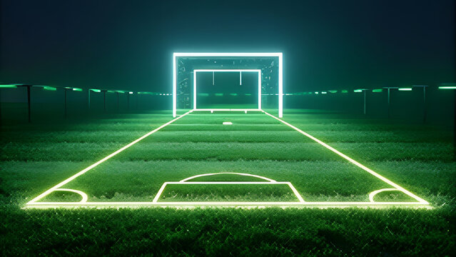 Futuristic neon soccer field at night with glowing goals - Powered by Adobe