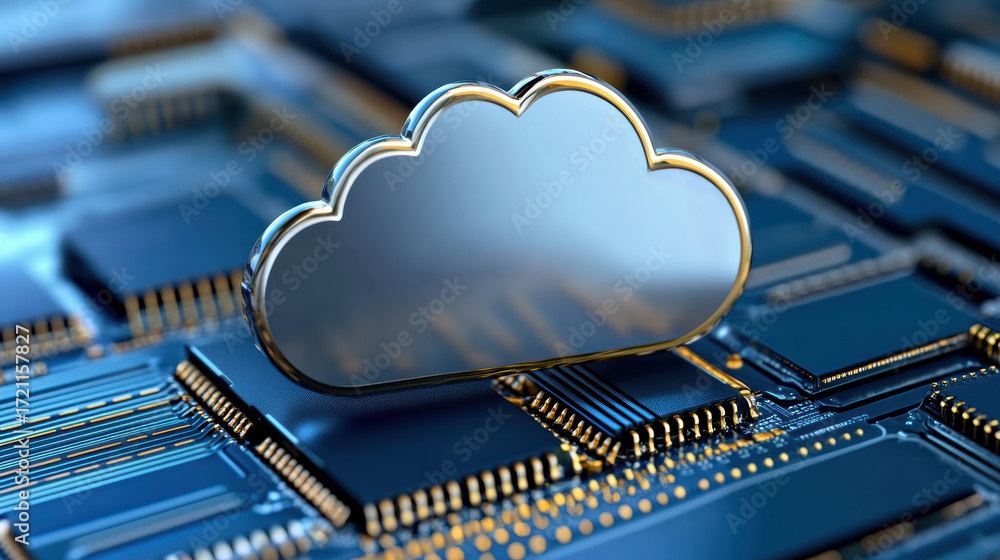 Poster cloud computing symbol on circuit board with microchips, representing technology and innovation