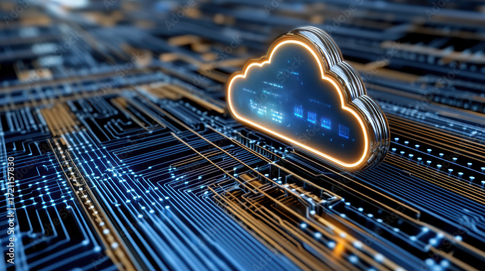 Poster cloud technology visualization with circuit patterns and glowing elements, representing digital