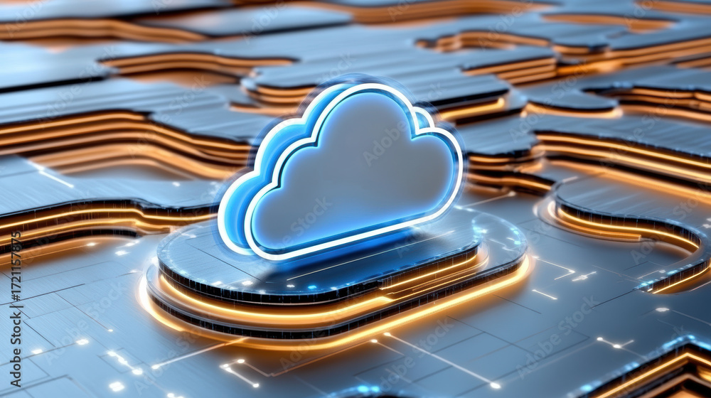 Poster cloud technology visualization with glowing elements and modern design