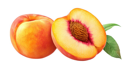 Fresh peach with juicy interior and single pit, a symbol of summer fruit harvest and sweet taste. Isolated On Transparent and White Background