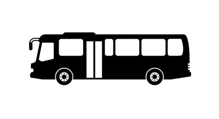 Silhouette of a black bus with white windows and wheels for transportation and travel themes