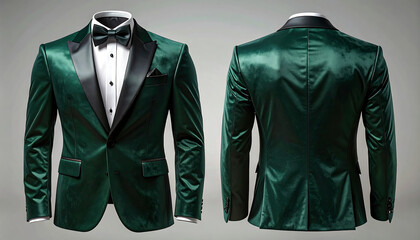 Luxurious men's emerald green velvet tuxedo jacket with a black satin shawl lapel. Front and back view of sophisticated formal dinner suit