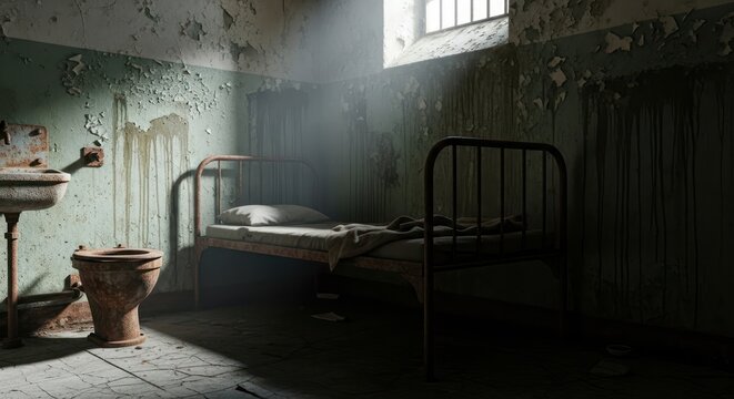 Eerie asylum cell featuring a decaying bed rusted toilet and peeling walls bathed in dim light