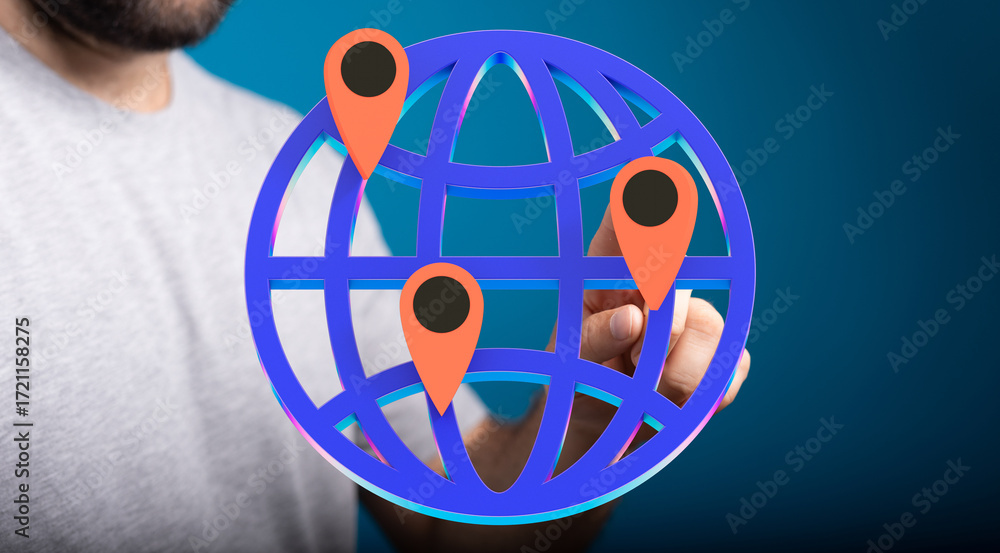 Poster hand interacting with a 3d globe showing multiple location pins. represents global reach, connection