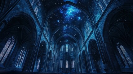 Fototapeta premium Mystical Cathedral Interior with Celestial Ceiling and Architectural Grandeur.