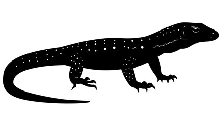 Silhouette of a detailed black lizard with white speckled patterns against a clean backdrop