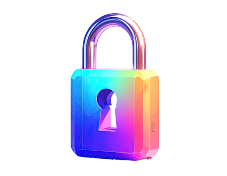 A vibrant, 3D lock with a gradient of rainbow colors, featuring a metallic, faceted appearance