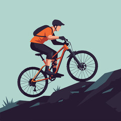 Obraz premium Cyclist riding mountain bike uphill on rocks with light blue background