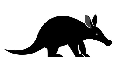 Silhouette of a black aardvark with long snout and upright ears on a white canvas