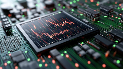 High tech circuit board with digital display showing market volatility in red