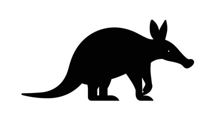 Silhouette of a black aardvark walking with its distinct long snout and ears visible