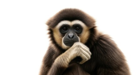 Obraz premium Thoughtful primate pondering existence against stark white backdrop gazing intently