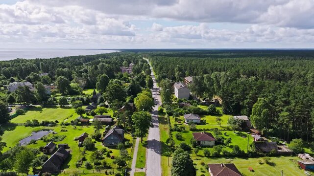 Establishing shot of Kolka in Talsi region shows rural borderland near the sea