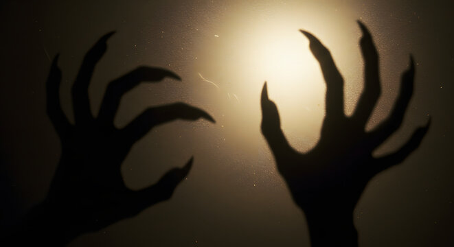 A terrifying shadow puppet of monster hands, with intentional film grain and soft focus creating a vintage horror aesthetic perfect for Halloween projects and spooky blogs.