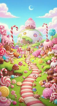 A whimsical, colorful candy-coated landscape with a winding path through a land of sweets.