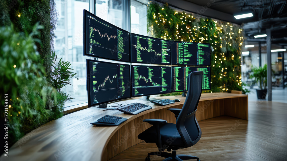 Aufkleber modern trading setup featuring multiple curved screens displaying cryptocurrency charts