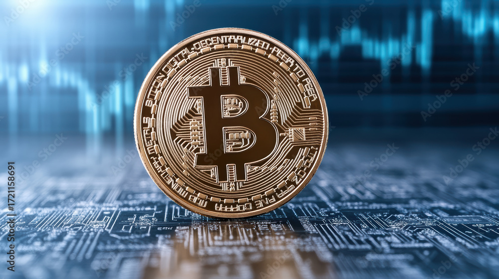 Poster bitcoin cryptocurrency coin on digital background with graphs and circuits