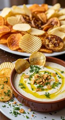 Delicious Variety of Crispy Chips and Dip.