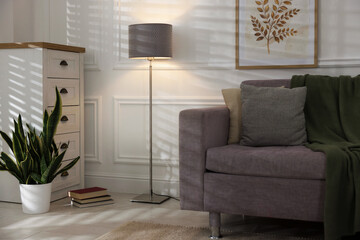 Stylish living room with lamp, houseplant and sofa. Interior design
