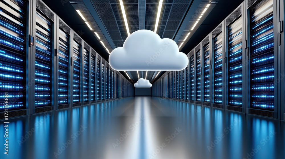 Poster cloud computing technology in data center with servers and blue lights