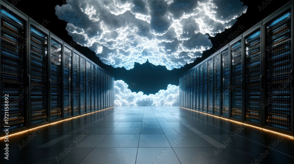 Poster futuristic data center with rows of servers, illuminated by glowing pathway, and clouds above
