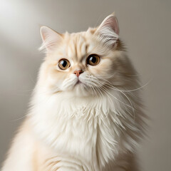 Elegant feline gazing up: A portrait of a fluffy cat with striking eyes, with its soft fur and sophisticated look. It's a showcase of pet elegance and grace, captured in an elegant setting.