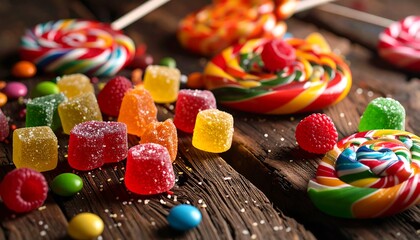 Colorful candies on a rustic wooden table