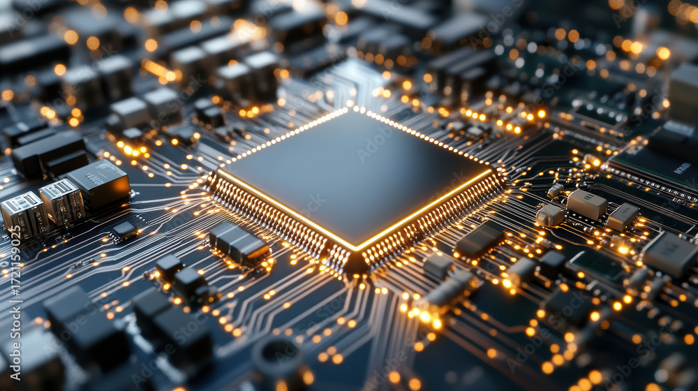 Poster glowing circuit board with microchip, showcasing technology and innovation in electronics