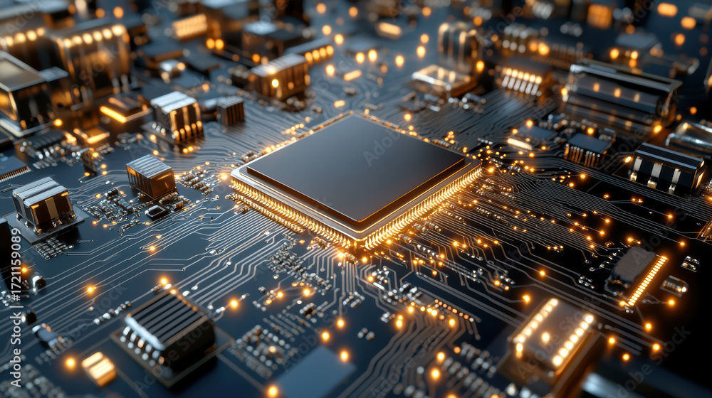 Poster glowing circuit board with microchip, showcasing advanced technology and innovation