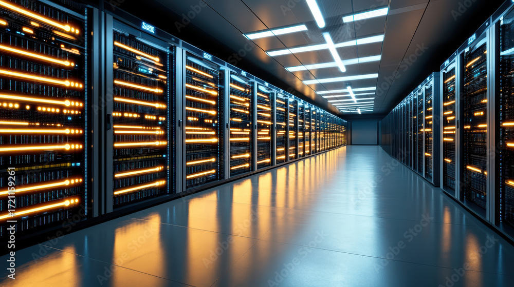 Poster high tech data center with glowing servers and modern architecture, showcasing advanced
