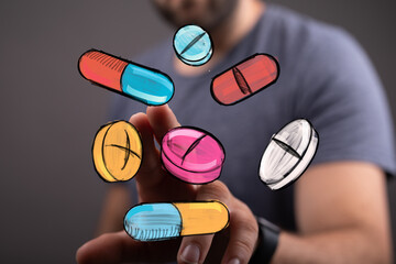 Colorful illustration of pills and capsules, digital healthcare, medicine, pharmacy, treatment, health, wellness, technology, innovation,