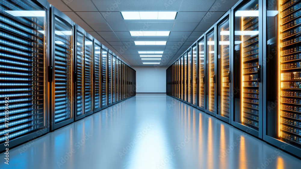 Poster glowing server racks in modern data center create vibrant atmosphere
