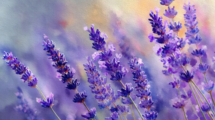 Obraz premium This is an artistic rendering depicting a field of long stemmed, purple flowers. The flowers stand tall with an upright orientation and are clustered tightly in a stacked, downward facing shape
