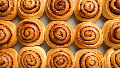 Baked cinnamon rolls arranged on a baking sheet
