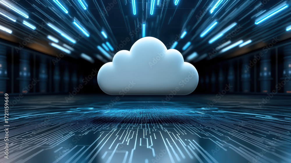 Poster cloud technology concept with digital data flow and futuristic background