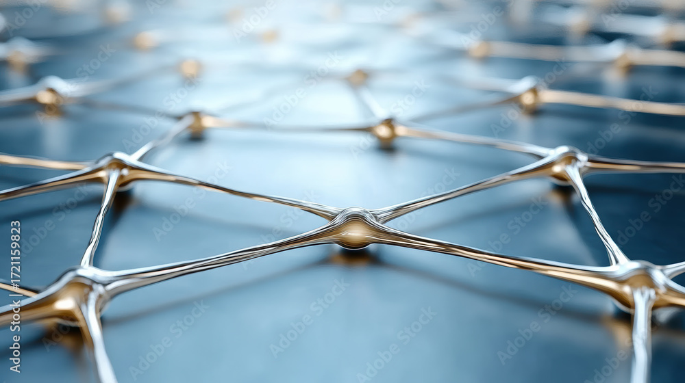 Poster close up view of metallic network structure, showcasing interconnected nodes and lines