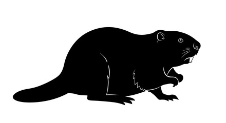 Bold black silhouette of a beaver ready to build or gnaw on wood