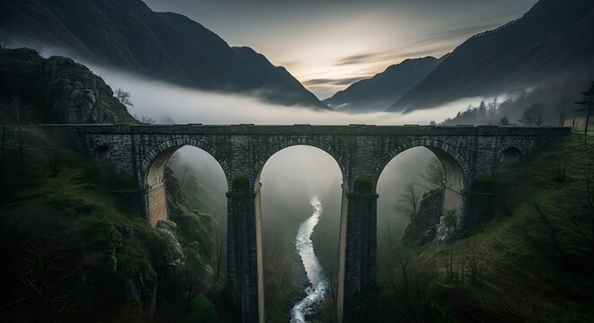 A majestic stone arch bridge spans a misty mountain valley, showcasing the rugged beauty of nature's landscape. - Powered by Adobe