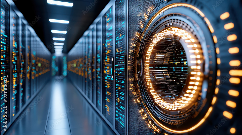 Poster high tech server room with glowing data storage and illuminated pathways