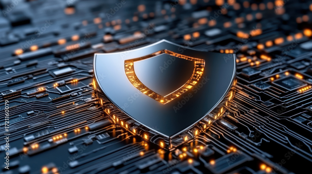 Poster digital shield icon glowing in virtual network space, symbolizing cybersecurity and protection