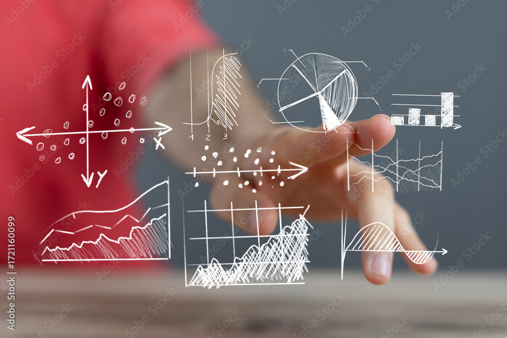 Aufkleber stock photo of a hand interacting with various charts and graphs, representing data analysis and bus